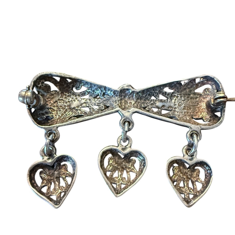 Vintage JezLaine 925 Silver Heart Charms Filigree Dangle Brooch - Picture 4 of 6